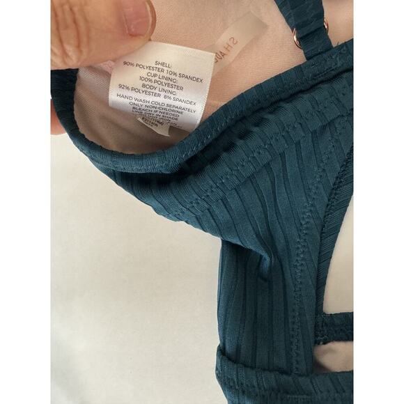 Shade & Shore One Piece Swimsuit Cutout Push Up Padded Ribbed Tie-Front Teal 32A - Picture 8 of 8